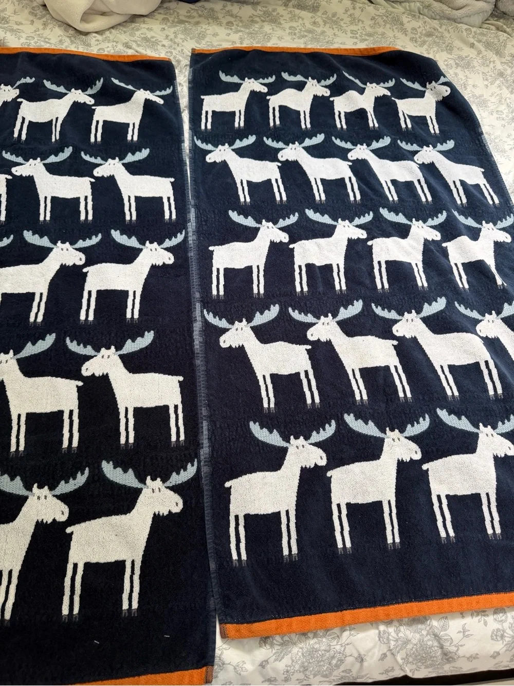 Moose Pattern Bath Towels - Navy, White & Light Blue